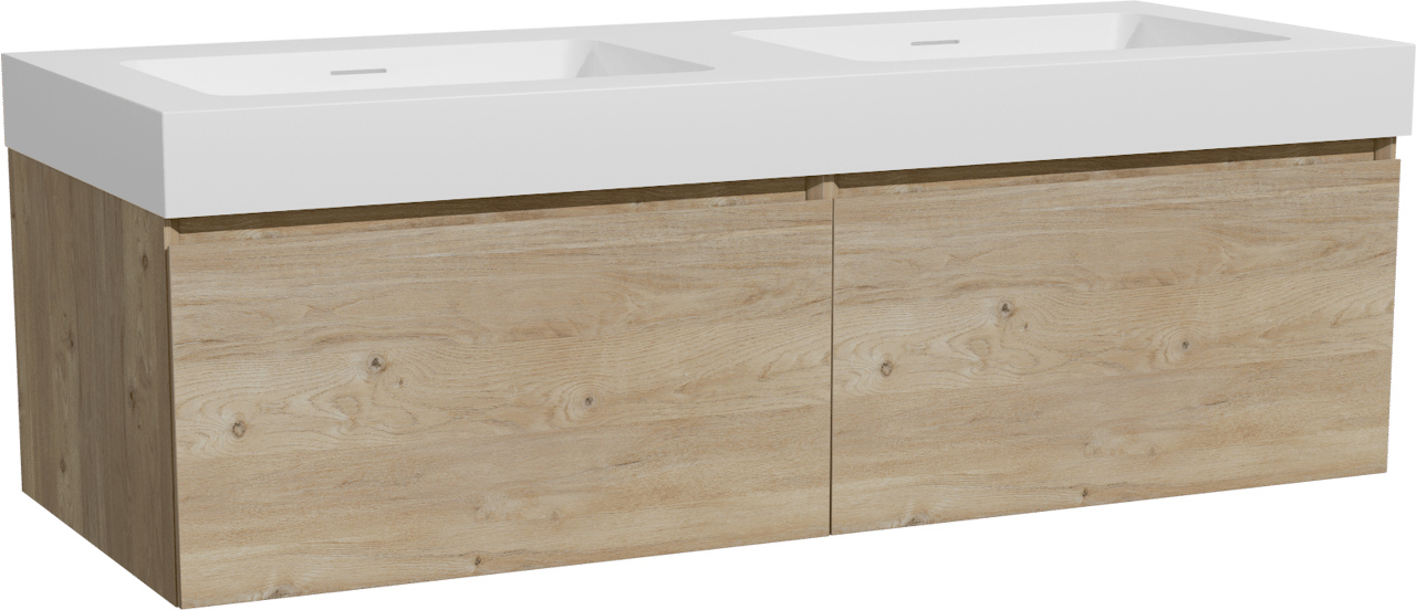 Storke Edge meuble salle de bains suspendu 130 x 52 cm chêne brut avec Mata High double vasque en solid surface blanc mat