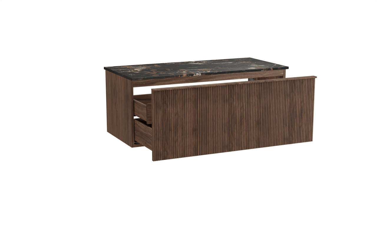 Balmani Forma zwevend badkamermeubel 120 x 55 cm amerikaanse notelaar met Stretto enkel tablet in marmer portoro gold, Verticale symmetrische rechte ribbel