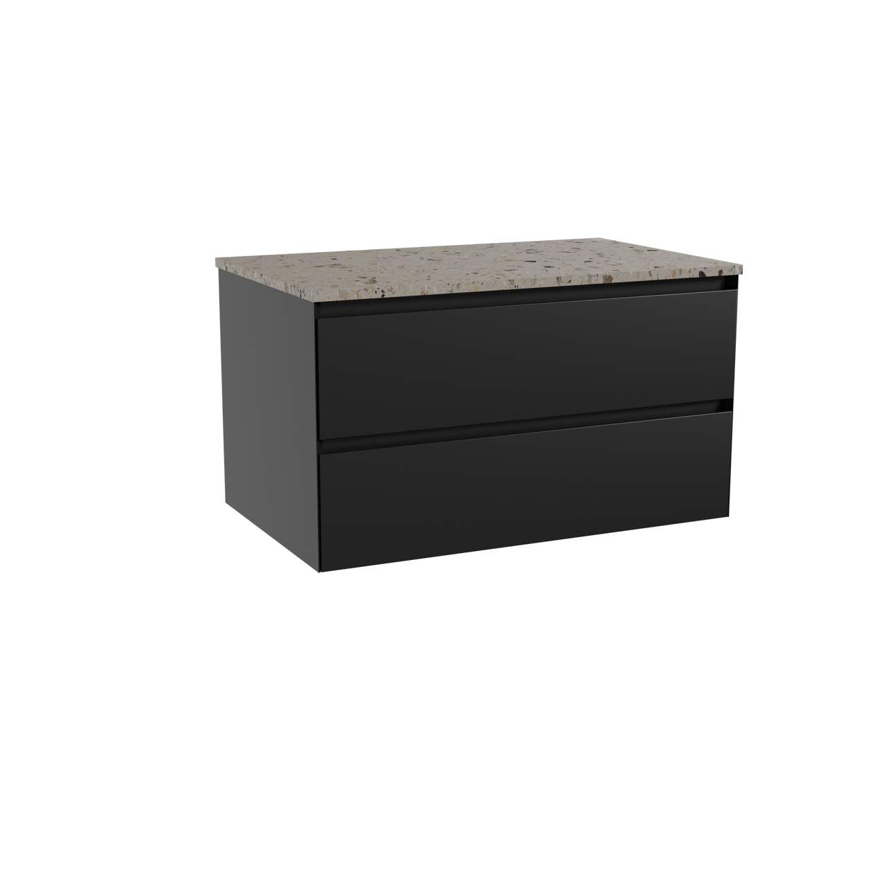 Balmani Mitra hängendes Möbelstück Set: 90 x 55 cm, Schwarz matt, mit Stretto Einzel Waschtischplatte, Terrazzo in Greige