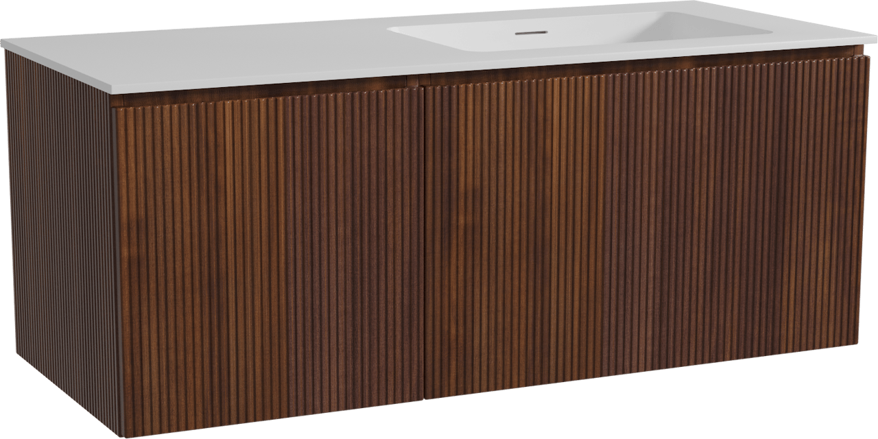 Storke Ribs zwevend badmeubel 120 x 52 cm notenhout met Mata asymmetrisch rechtse wastafel in solid surface mat wit, Verticale symmetrische rechte ribbel
