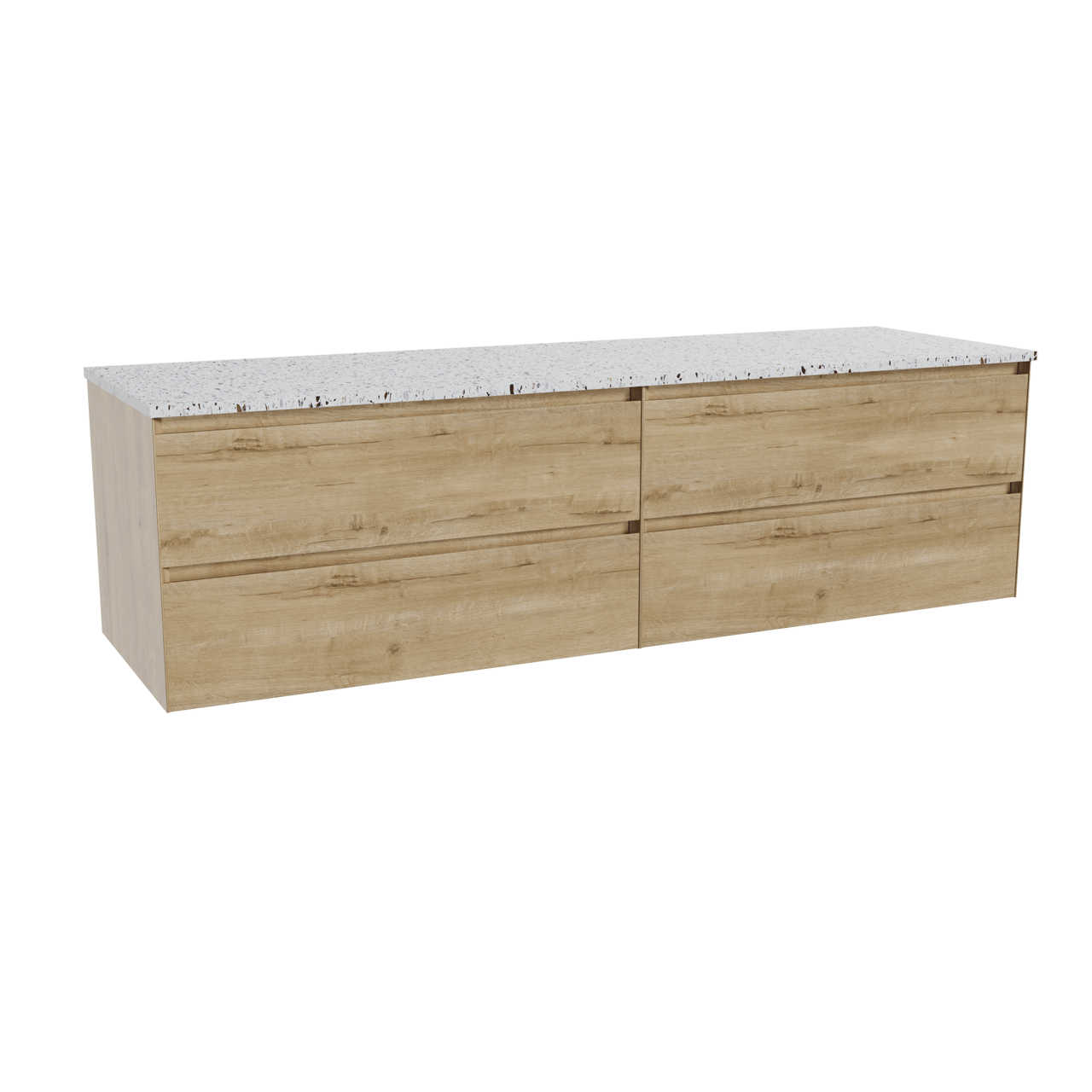 Balmani Mitra hängendes Möbelstück Set: 180 x 55 cm, Rohe Eiche, mit Stretto Einzel- oder Doppel Waschtischplatte, Terrazzo in Weiß/Schwarz matt