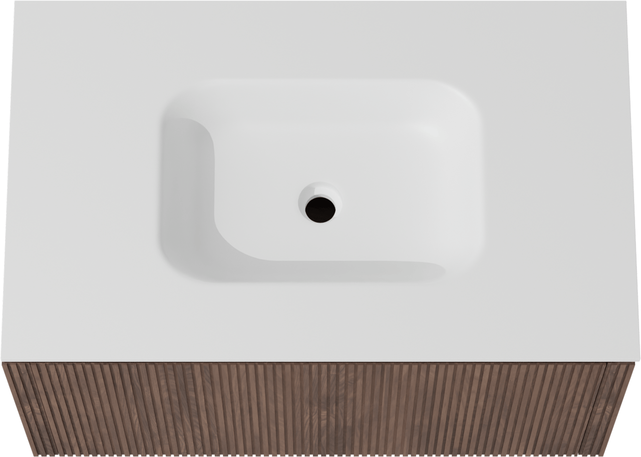 Balmani Eclips meuble salle de bains suspendu 90 x 55 cm Noyer américain avec Tablo Arcato plan simple en Solid Surface blanc mat, Nervure droite symétrique verticale