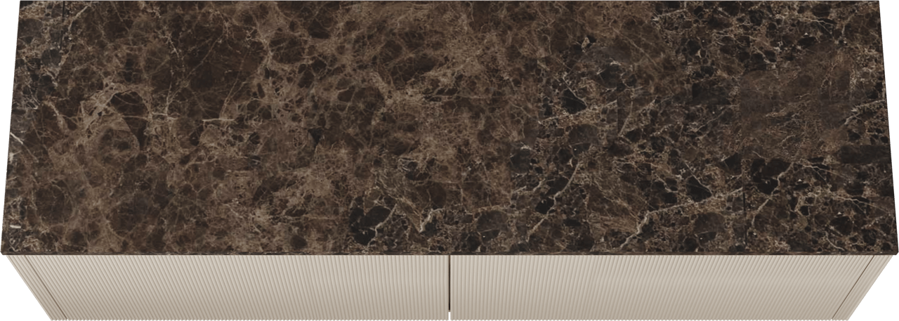 Balmani Eclips zwevend badmeubel 180 x 55 cm Sandbeige met Stretto enkel of dubbel wastafelblad in Dark Emperador marmer, Verticale symmetrische rechte ribbel