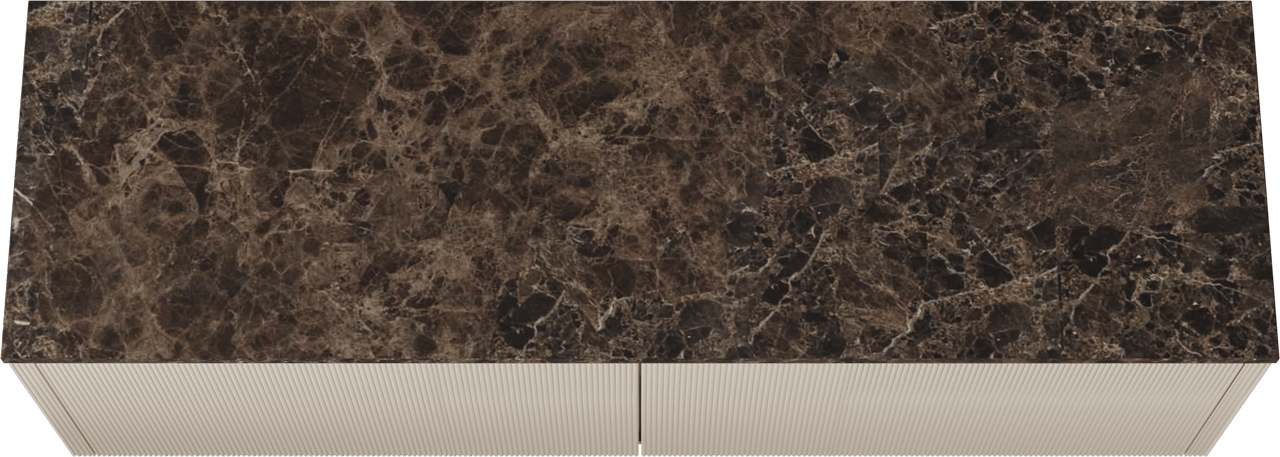 Balmani Eclips zwevend badkamermeubel 180 x 55 cm Sandbeige met Stretto enkel of dubbel tablet in Dark Emperador marmer, Verticale symmetrische rechte ribbel