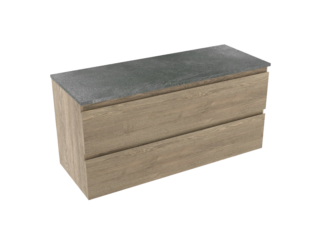 Linie Lado zwevend badmeubel 120 x 46 cm grijs eiken met Lado enkel of dubbel wastafelblad in melamine grijze leisteen