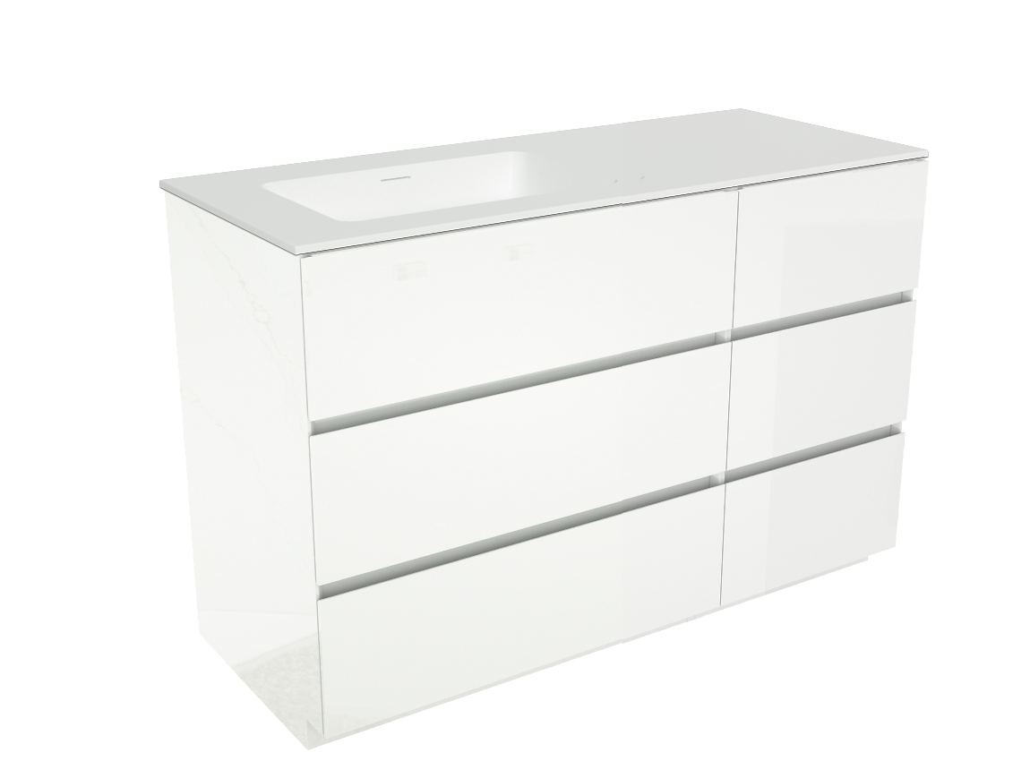 Storke Edge staand badkamermeubel 130 x 52 cm glanzend wit met Mata asymmetrisch linkse wastafel in solid surface mat wit