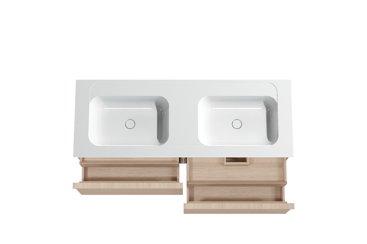 Balmani Forma zwevend badkamermeubel 150 x 55 cm natuur eik met Tablo Strada dubbele wastafel in composietmarmer glanzend wit, Horizontale symmetrische rechte ribbel