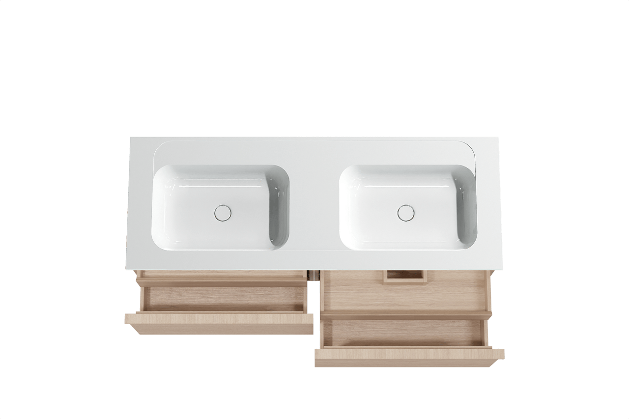 Balmani Forma hängendes Möbelstück Set: 150 x 55 cm, Naturbelassene Eiche, mit Tablo Strada Doppelwaschtisch, Marmorkomposit, Weiß glänzend, Horizontale symmetrische gerade Rippe