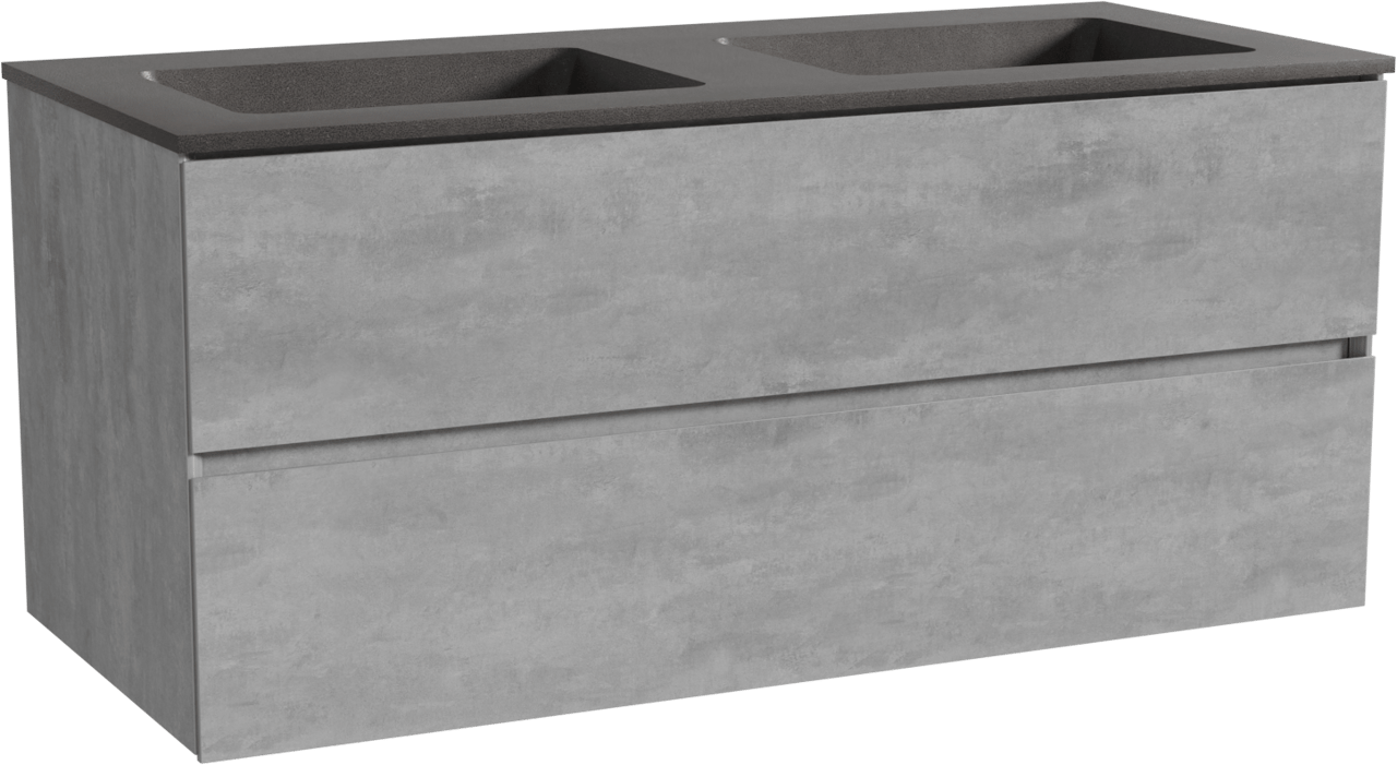 Storke Edge zwevend badmeubel 120 x 52 cm beton donkergrijs met Scuro dubbele wastafel in kwarts mat zwart