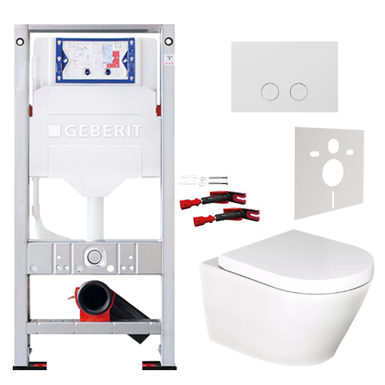 Luca Varess Calibro wc suspendu blanc satin bride de rinçage fine avec Geberit Sigma réservoir de chasse encastré UP320 avec cadre Burda et plaque de commande