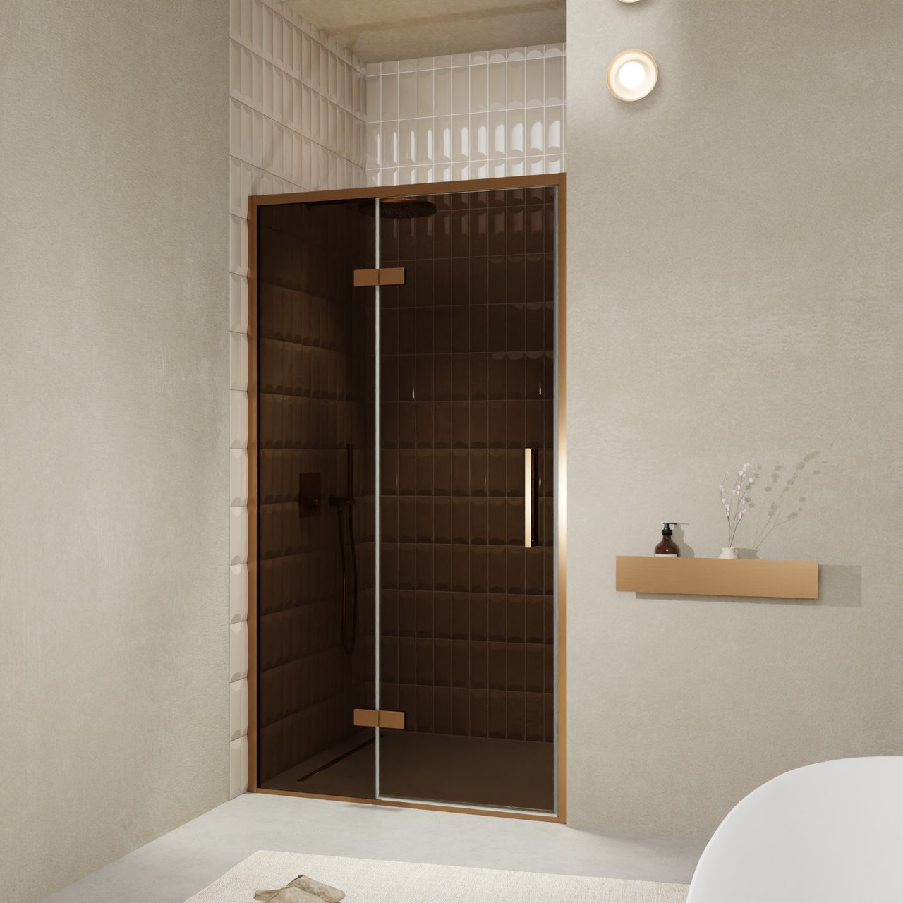 Balmani Senses Design Dusche Drehtür, Links, 120 cm x 210 cm, Bronze, Profil Brushed Rosegold, inklusive Coating