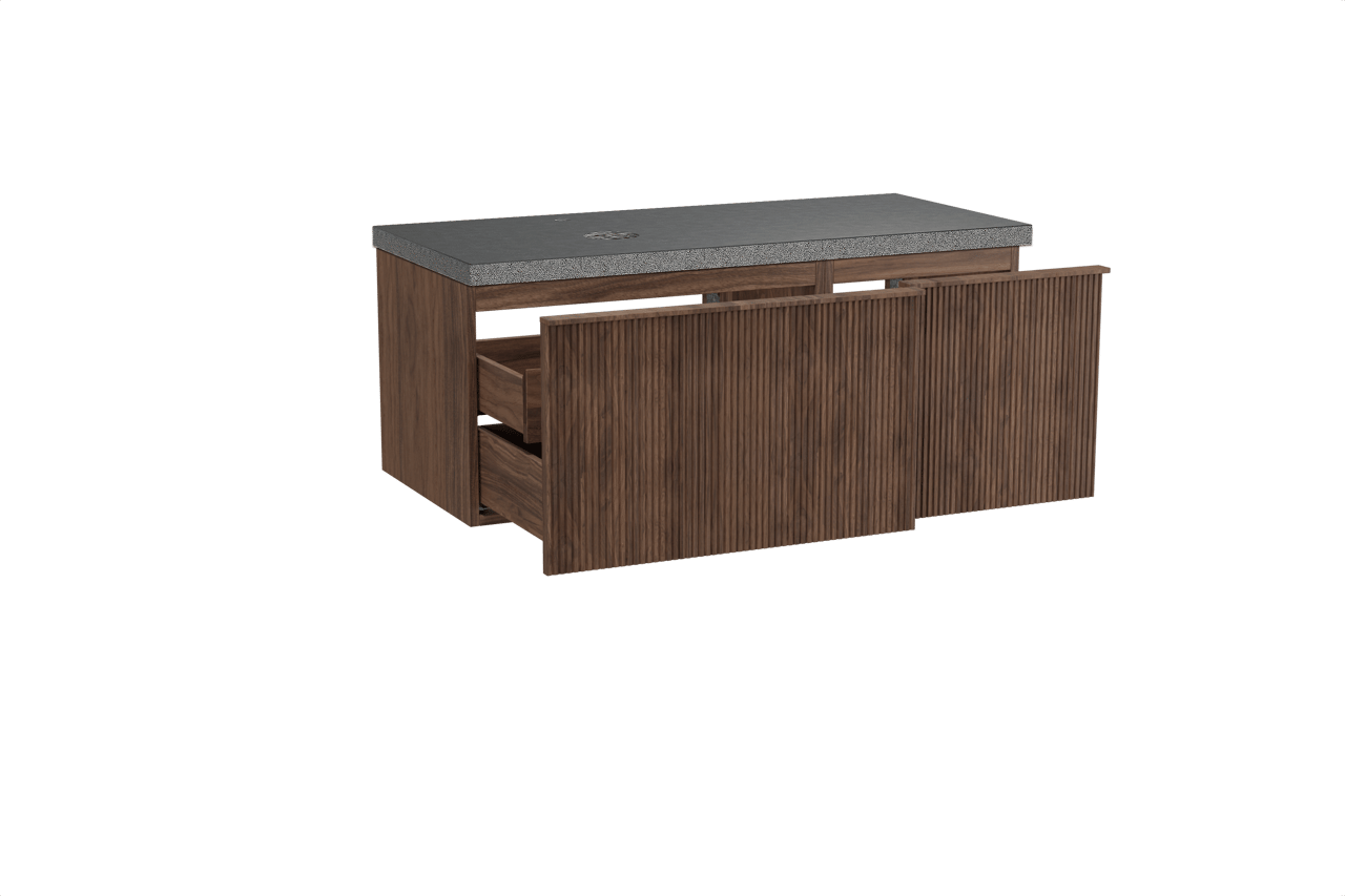 Balmani Forma hängendes Möbelstück Set: 120 x 55 cm, Amerikanischer Nussbaum, mit Rock Waschtisch links, Granit, Schwarzes Granit, Vertikale symmetrische gerade Rippe