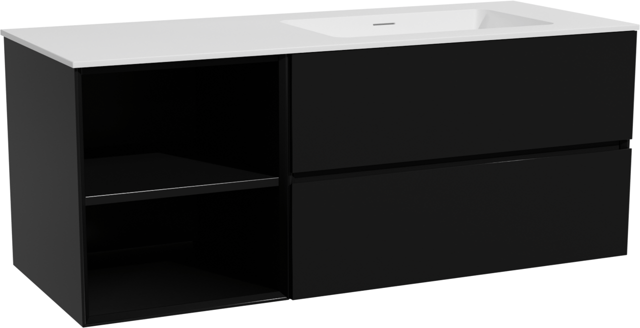 Storke Edge zwevend badmeubel 130 x 52 cm mat zwart met Mata asymmetrisch rechtse wastafel in solid surface mat wit