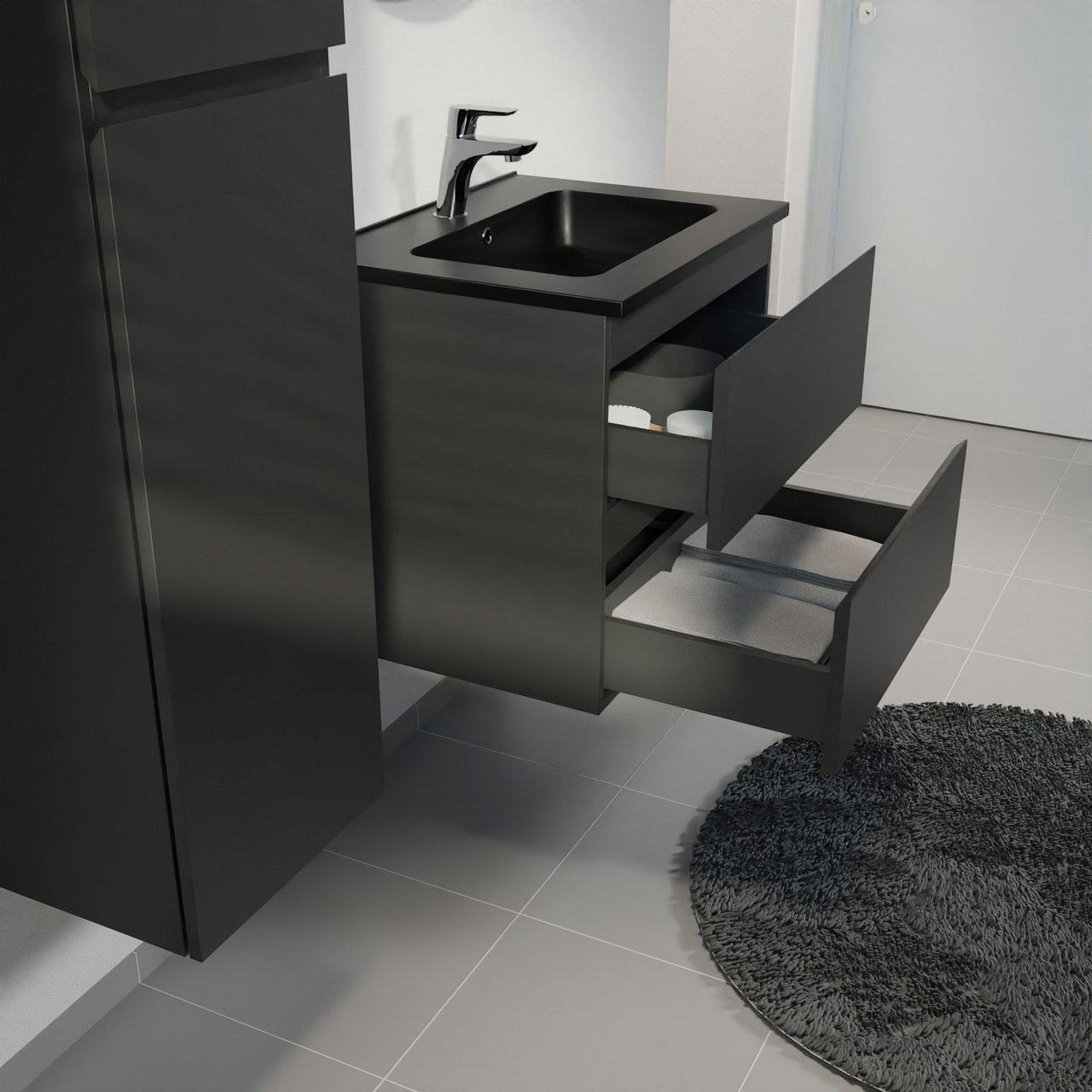 Linie Lado zwevend badkamermeubel 60 x 46 cm mat zwart met Vano enkele wastafel in composietmarmer mat zwart