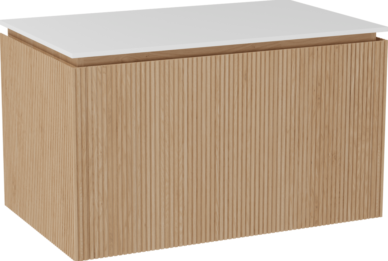 Balmani Eclips hängendes Möbelstück Set: 90 x 55 cm, Eiche Natur, mit Stretto Einzel Waschtischplatte Solid Surface Weiβ matt, Vertikale symmetrische gerade Rippe