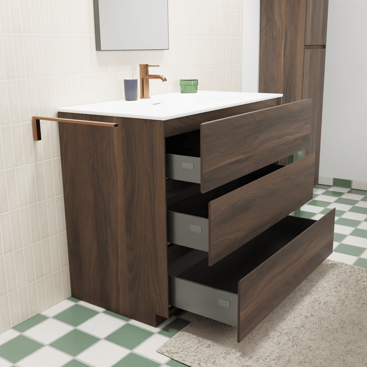 Storke Edge staand badmeubel 95 x 52 cm notenhout met Mata enkele wastafel in solid surface mat wit