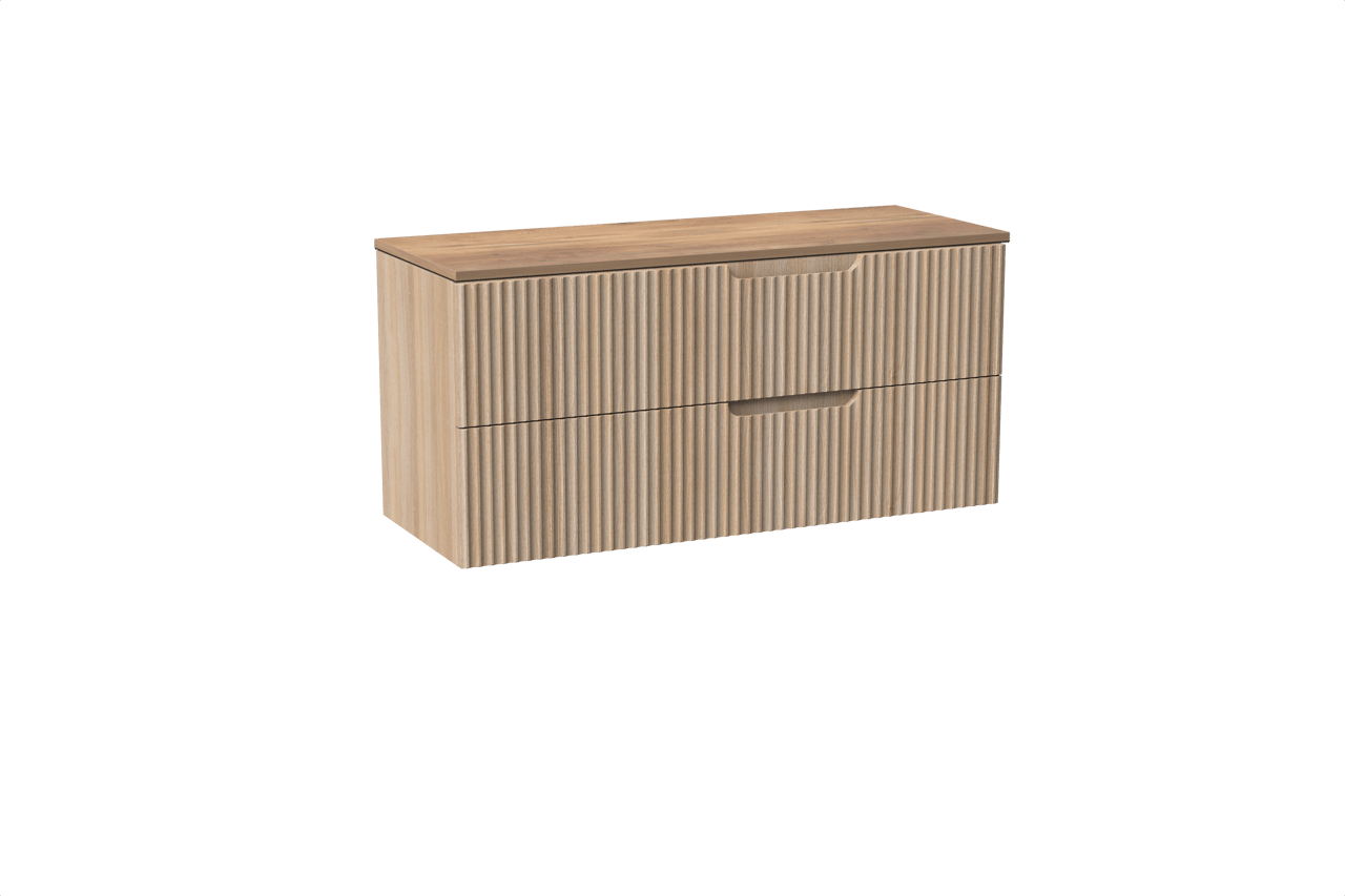 Linie Ribbo zwevend badkamermeubel 120 x 46 cm lichte eik met Lado enkel of dubbel tablet in melamine natuur eik, Verticale symmetrische ronde ribbel