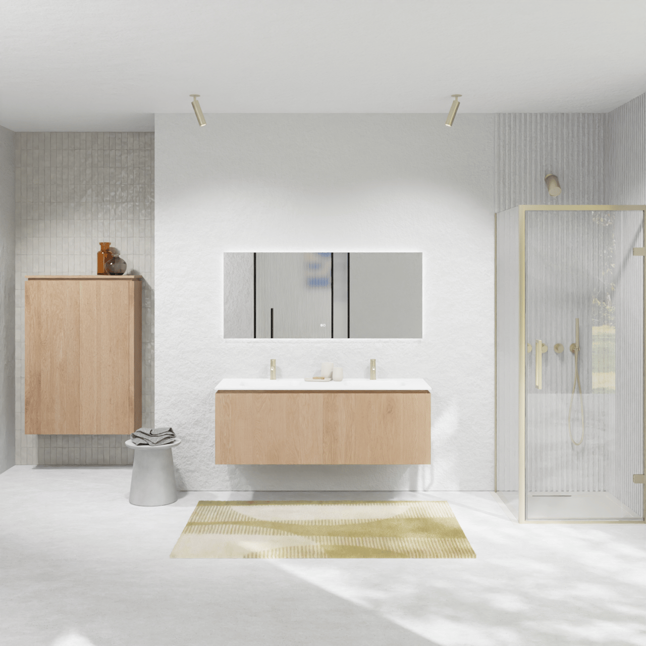 Balmani Eclips meuble salle de bains suspendu 150 x 55 cm Chêne naturelle avec Tablo Arcato double vasque en Solid Surface blanc mat