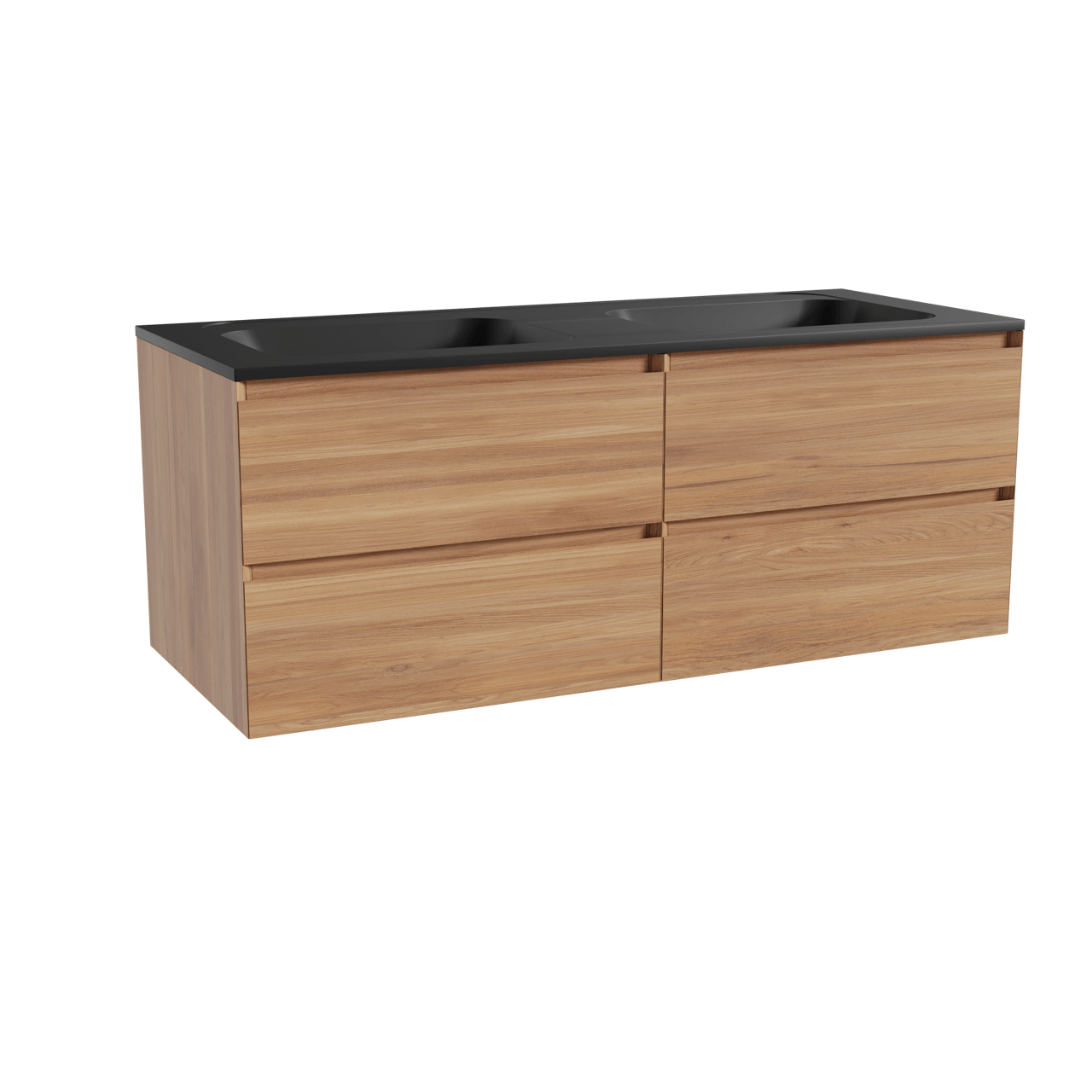 Balmani Mitra hängendes Möbelstück Set: 135 x 55 cm, Teak, mit Tablo Strada Doppelwaschtisch, Marmorkomposit Schwarz matt