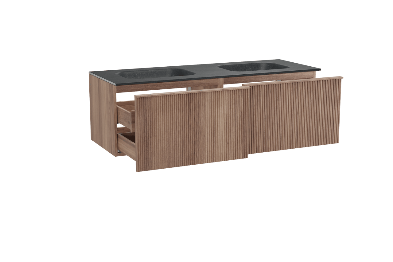 Balmani Forma zwevend badmeubel 150 x 55 cm teakhout met Tablo Arcato dubbele wastafel in zwart graniet, Verticale symmetrische rechte ribbel