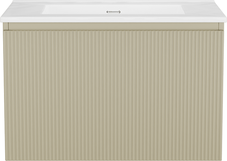 Storke Ribs meuble salle de bains suspendu 75 x 52 cm soie grise avec Kera plan simple en porcelaine blanc brillant, Nervure droite symétrique verticale, bonde incluse