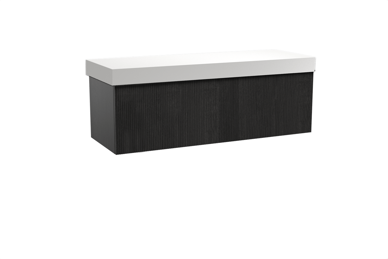 Balmani Forma zwevend badkamermeubel 150 x 55 cm zwarte eik met Dominus enkel of dubbel tablet in solid surface mat wit, Verticale symmetrische rechte ribbel