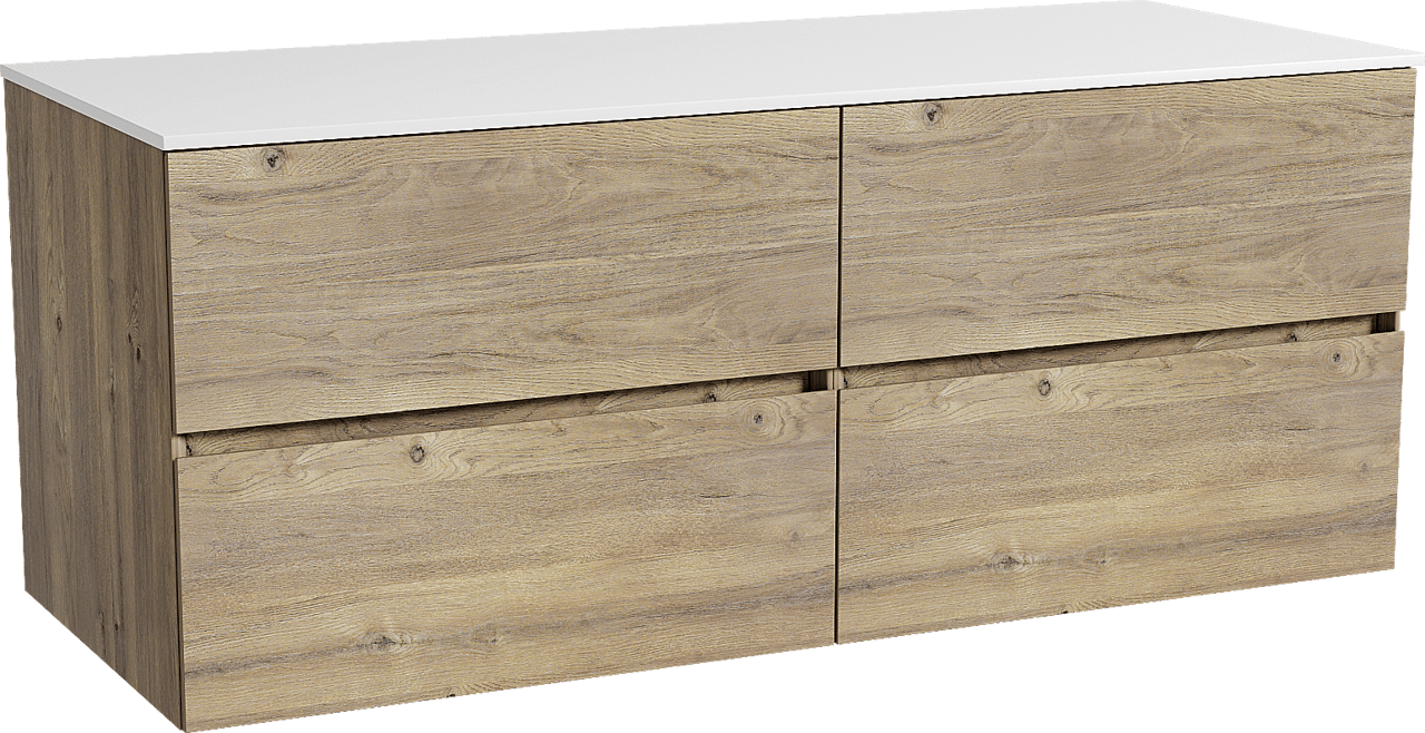 Storke Edge zwevend badkamermeubel 130 x 52 cm ruwe eik met Tavola enkel of dubbel tablet in solid surface mat wit