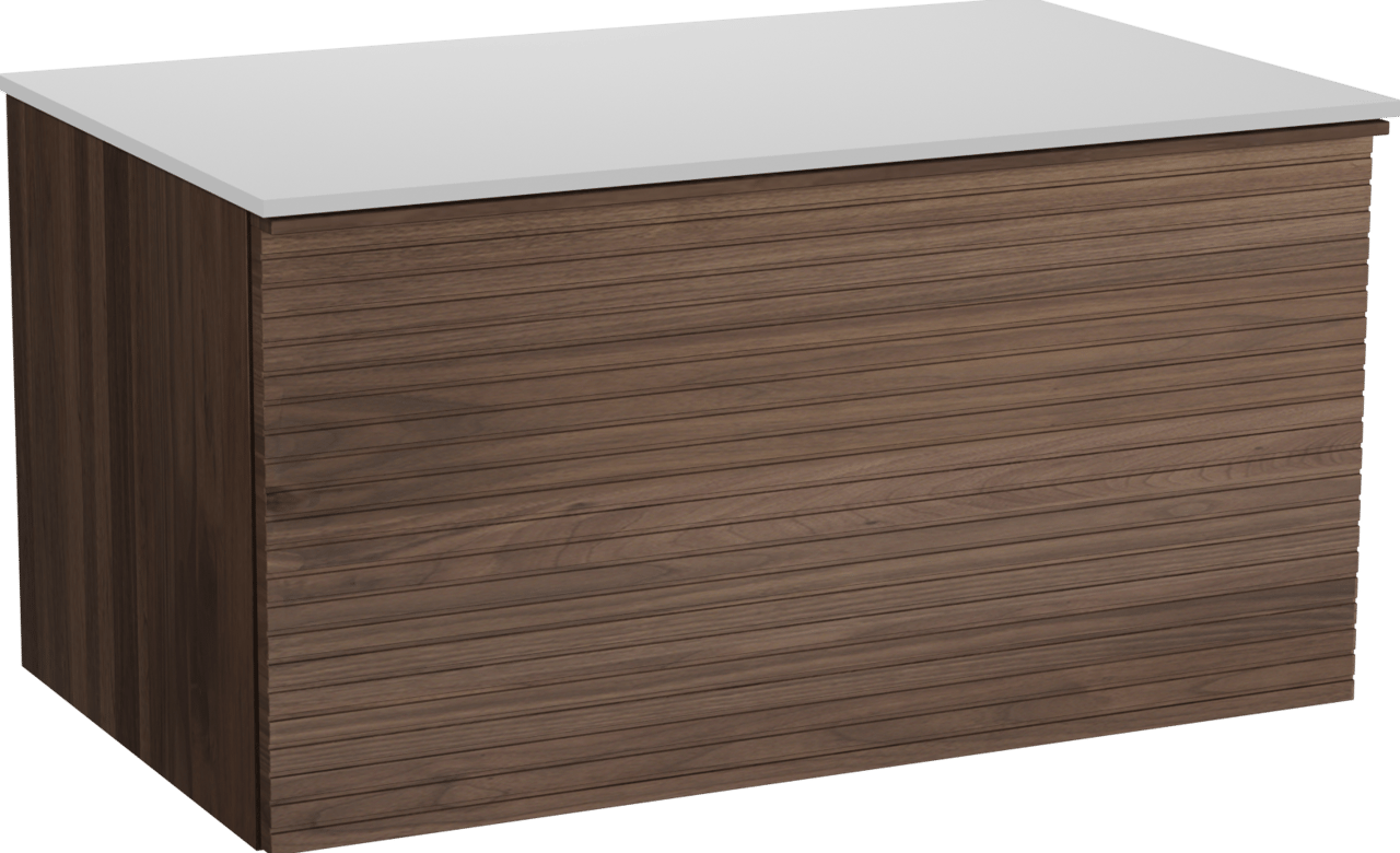 Balmani Forma zwevend badkamermeubel 90 x 55 cm amerikaanse notelaar met Stretto enkel tablet in solid surface mat wit, Horizontale symmetrische rechte ribbel