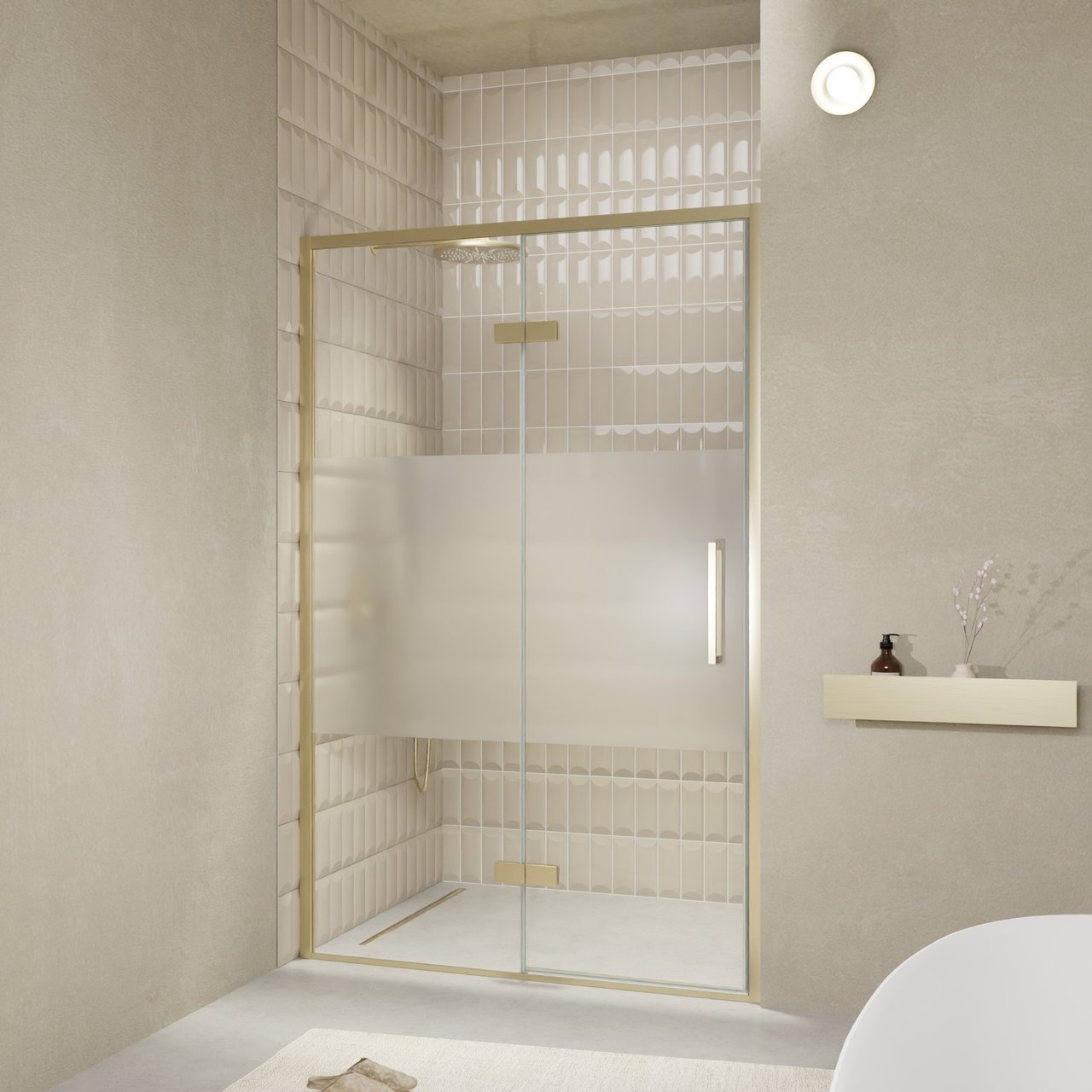 Balmani Senses Design douche draaideur links 140 cm x 210 cm Helder glas met matte strook, Brushed Champagne Gold profielen