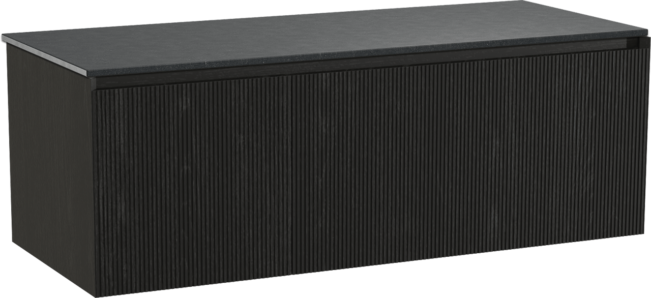 Balmani Fila zwevend badmeubel 135 x 55 cm zwart eiken met Stretto enkel of dubbel wastafelblad in zwart graniet, Verticale symmetrische rechte ribbel