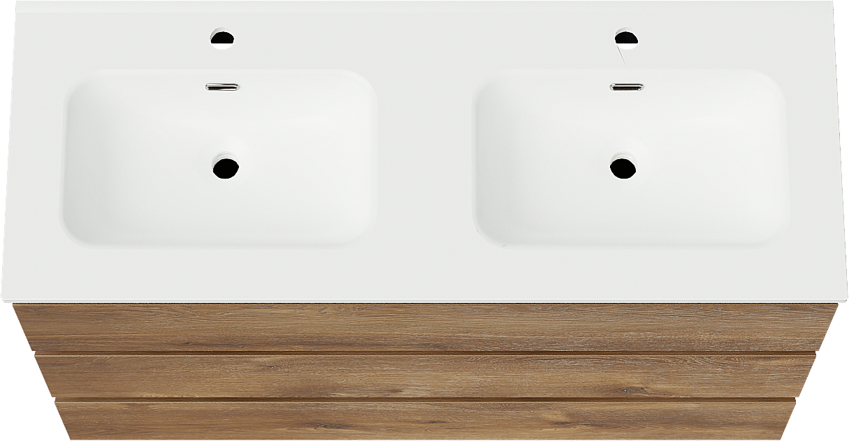 Linie Lado freistehendes Möbelstück Set: 120 x 46 cm, Braune Eiche, mit Baro Doppelwaschtisch, Porzellan Weiß matt