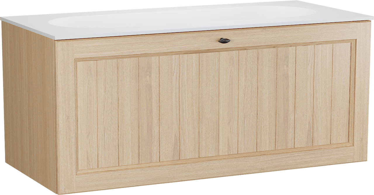 Balmani Lemon hängendes Möbelstück Set: 120 x 55 cm, Naturbelassene Eiche Furnier, mit Tablo Oval Einzelwaschtisch für 2 Armaturenlöcher, Weiß matt