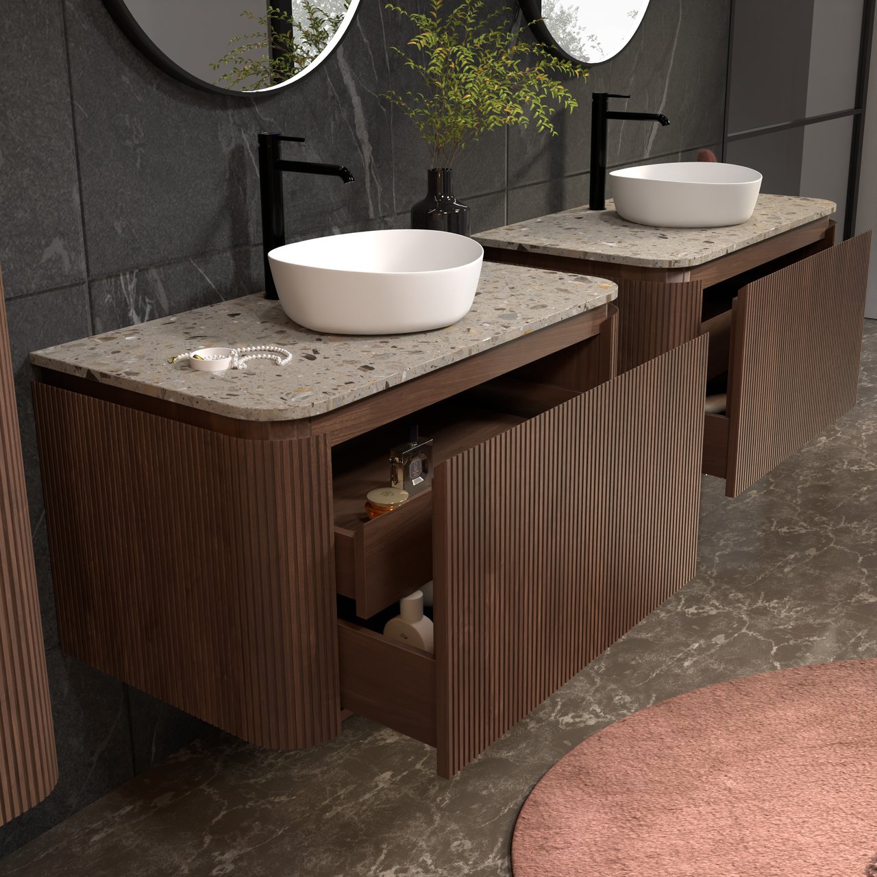 Balmani Moon hängendes Möbelstück Set: 100 x 55 cm, Amerikanischer Nussbaum, mit Moon Einzel Waschtischplatte, Terrazzo in Greige, Vertikale symmetrische gerade Rippe