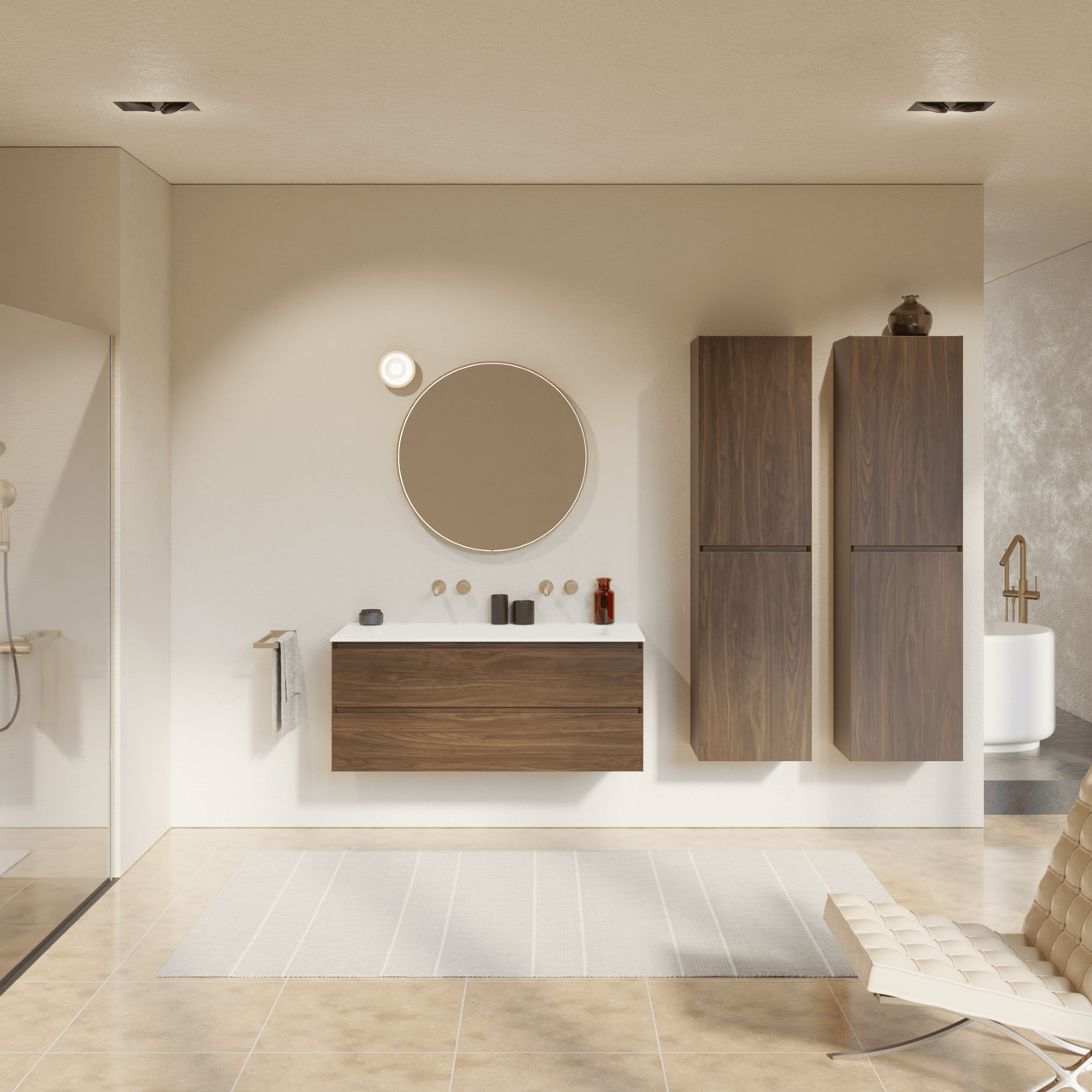 Balmani Mitra hängendes Möbelstück Set: 120 x 55 cm, Amerikanischer Nussbaum, mit Tablo Stretto Einzelwaschtisch für 2 Armaturenlöcher, Solid Surface Weiß matt