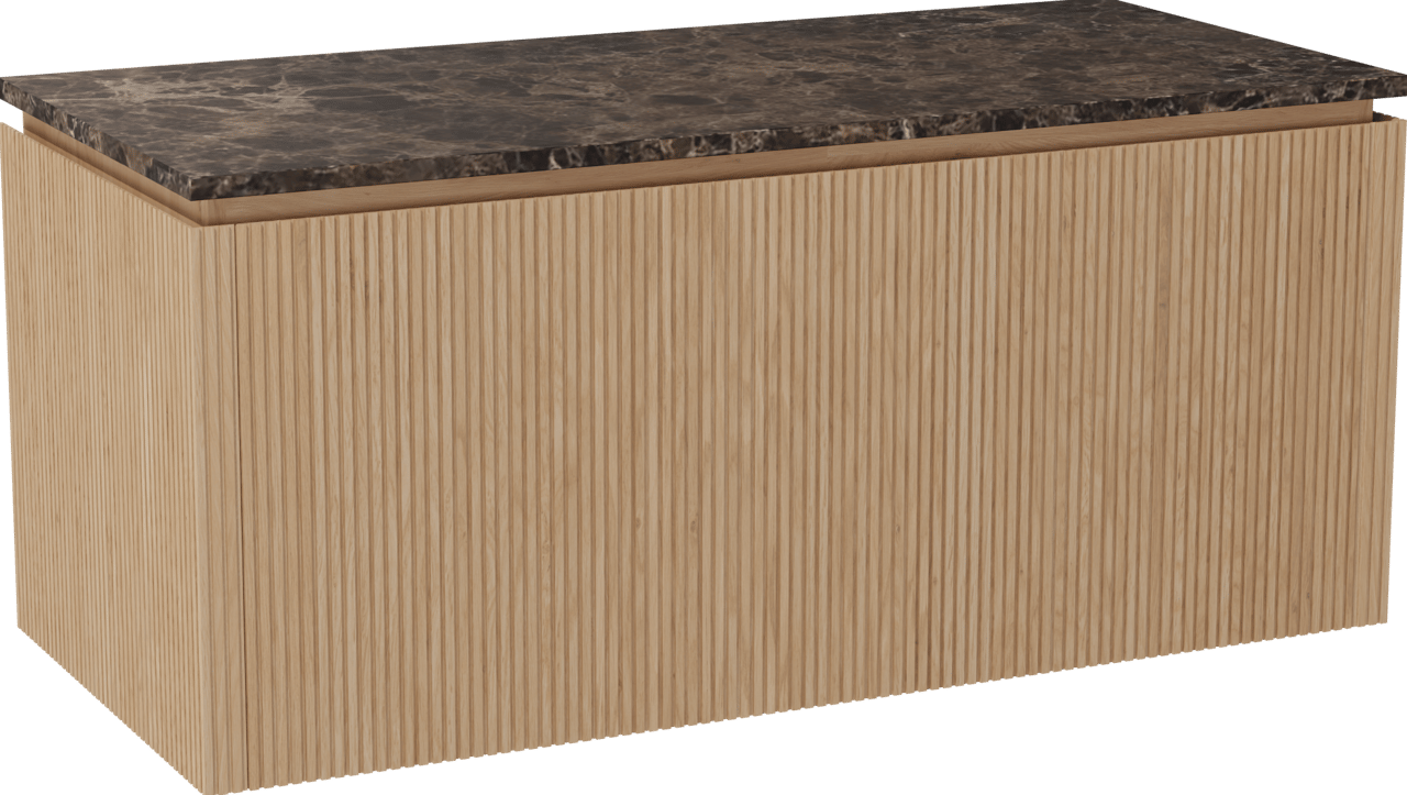 Balmani Eclips hängendes Möbelstück Set: 120 x 55 cm, Eiche Natur, mit Stretto Einzel- oder Doppel Waschtischplatte Marmor Dark Emperador, Vertikale symmetrische gerade Rippe