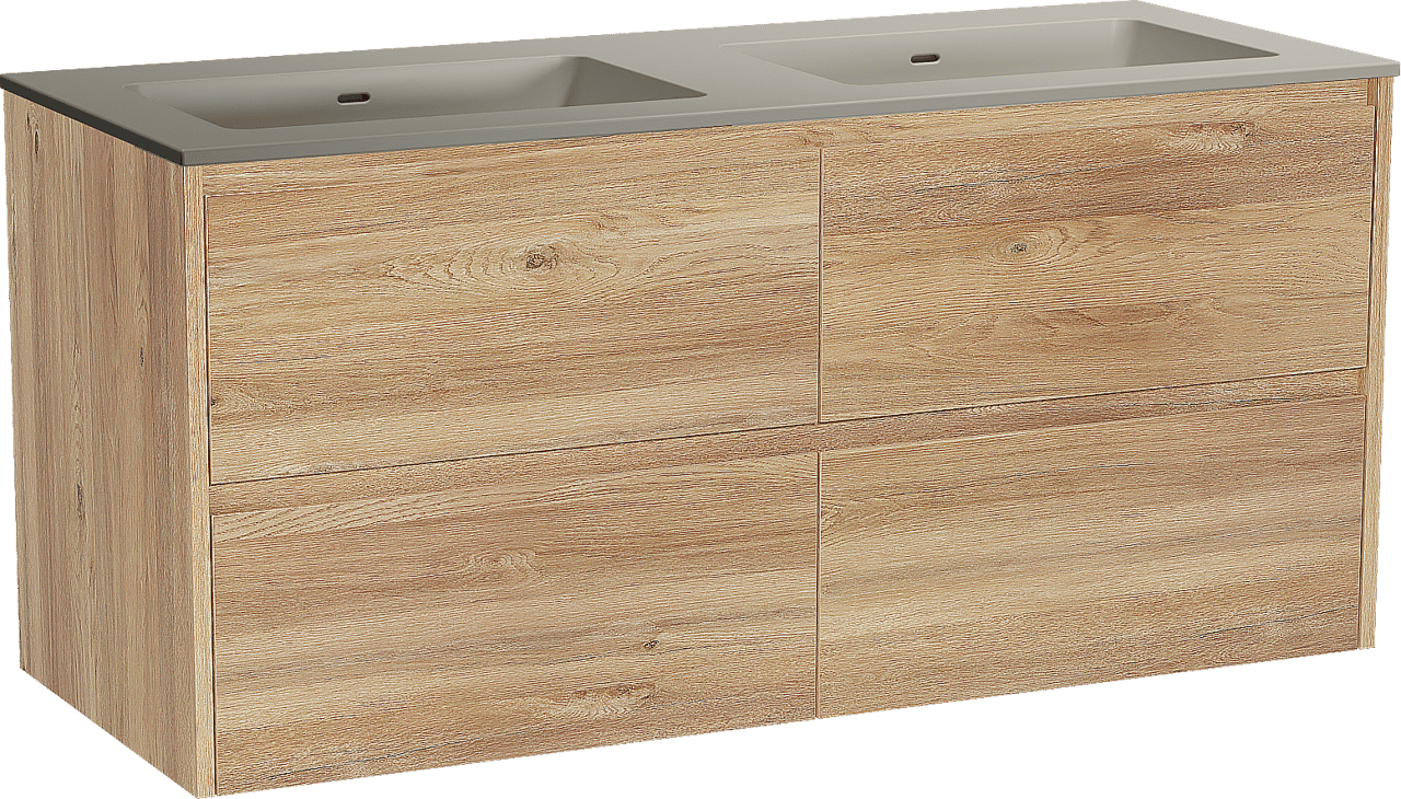 Storke Seda zwevend badmeubel 130 x 52 cm ruw eiken met Diva dubbele wastafel in top solid zijdegrijs