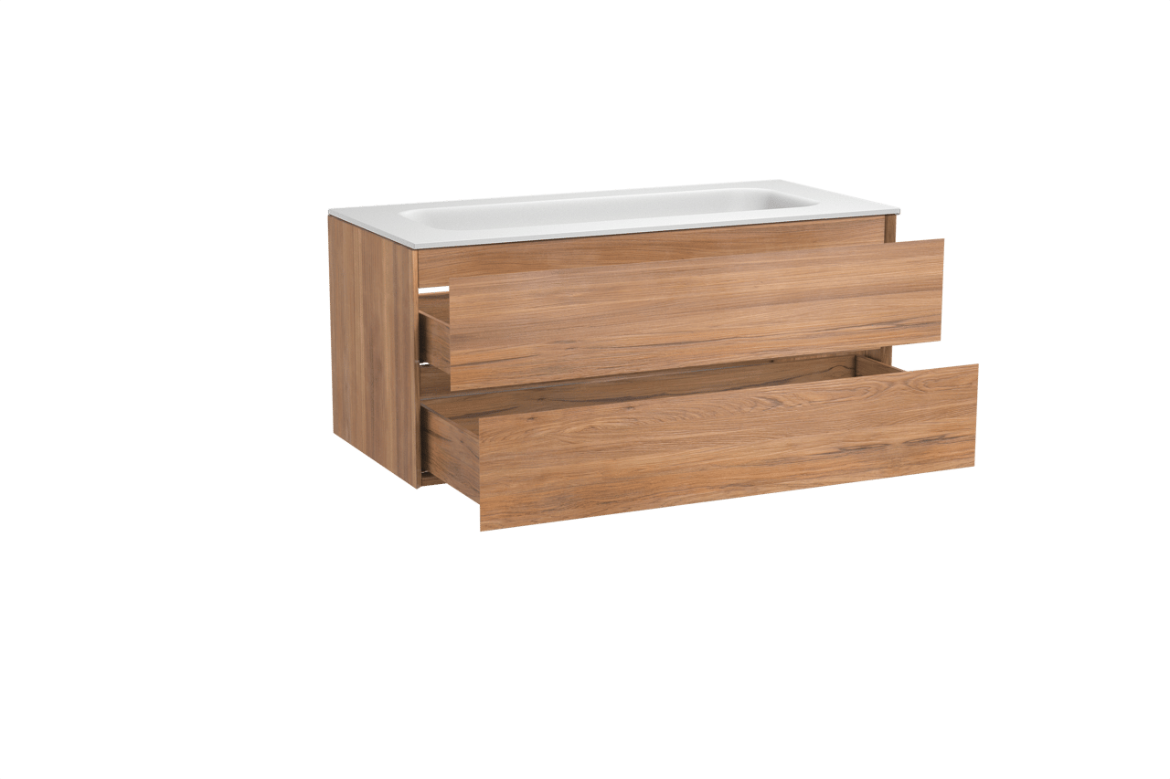 Balmani Mitra hängendes Möbelstück Set: 120 x 55 cm, Teak, mit Tablo Arcato Einzelwaschtisch für 2 Armaturenlöcher, Solid Surface Weiß matt