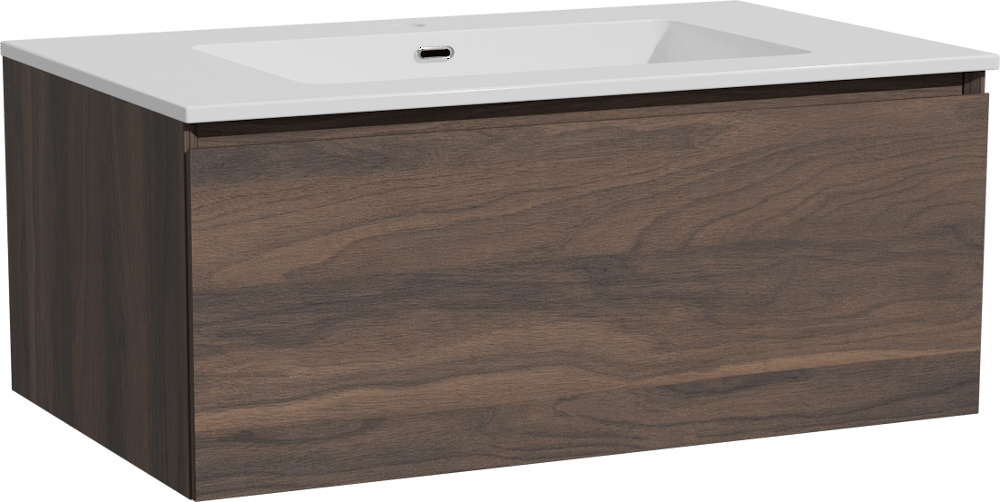 Storke Edge zwevend badkamermeubel 85 x 52 cm notelaar met Diva enkele wastafel in composietmarmer glanzend wit