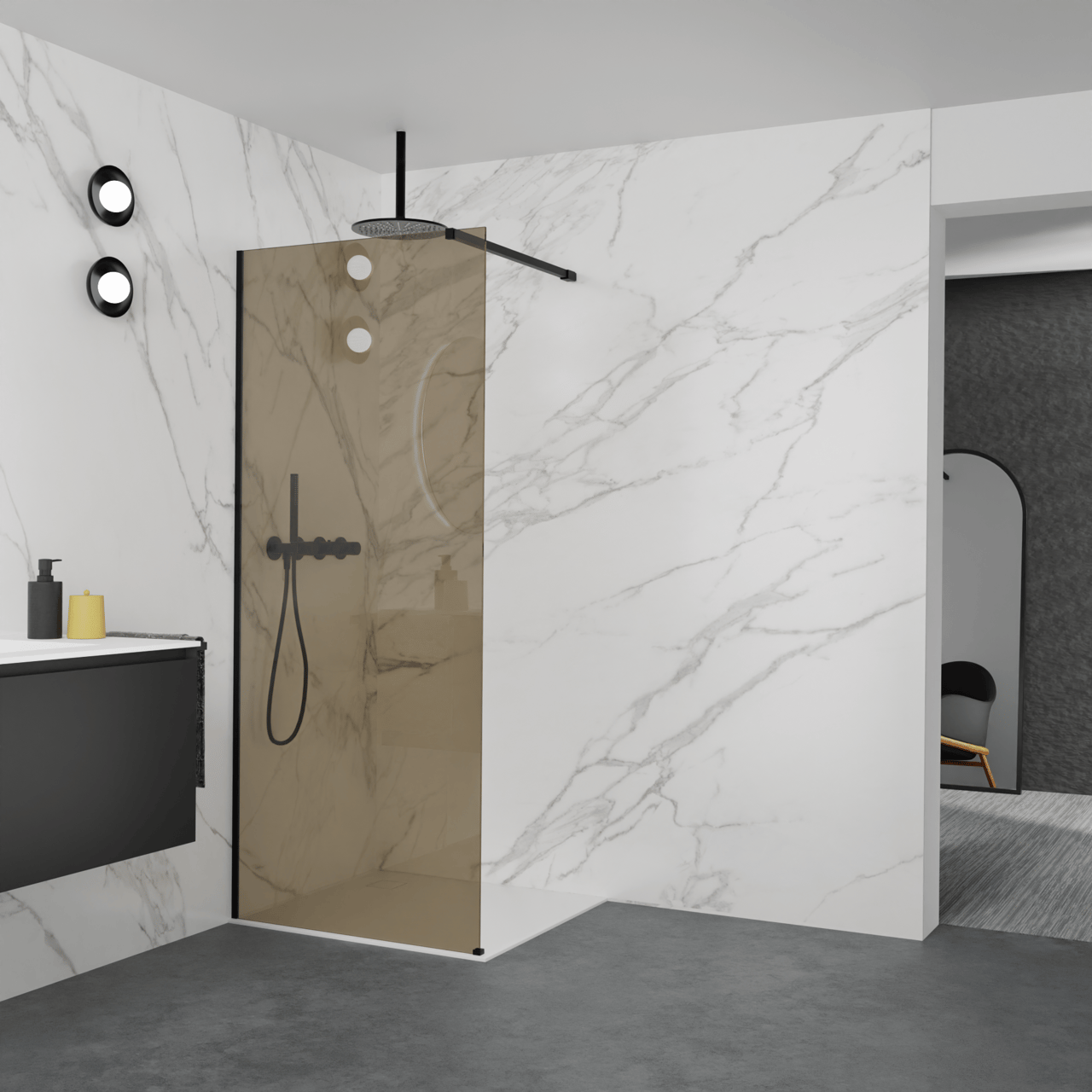 Balmani Modular Walk-In Dusche: 90 x 200 cm, Bronze Glas, inklusive Coating, Profil Schwarz matt