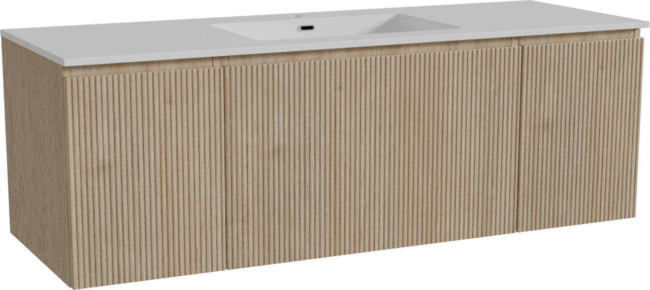 Storke Ribs zwevend badmeubel 145 x 52 cm ruw eiken met Diva enkele wastafel in composietmarmer hoogglans wit, Verticale symmetrische rechte ribbel