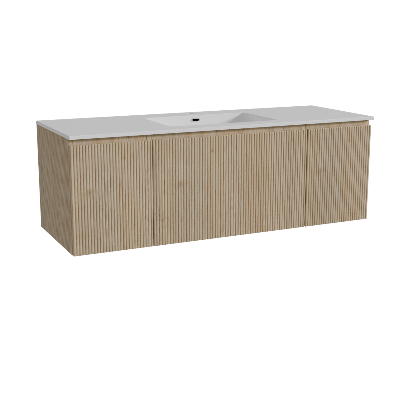 Storke Ribs hängendes Möbelstück Set: 145 x 52 cm, Rohe Eiche, mit Diva Einzelwaschtisch, Marmorkomposit, Weiß glänzend, Vertikale symmetrische gerade Rippe