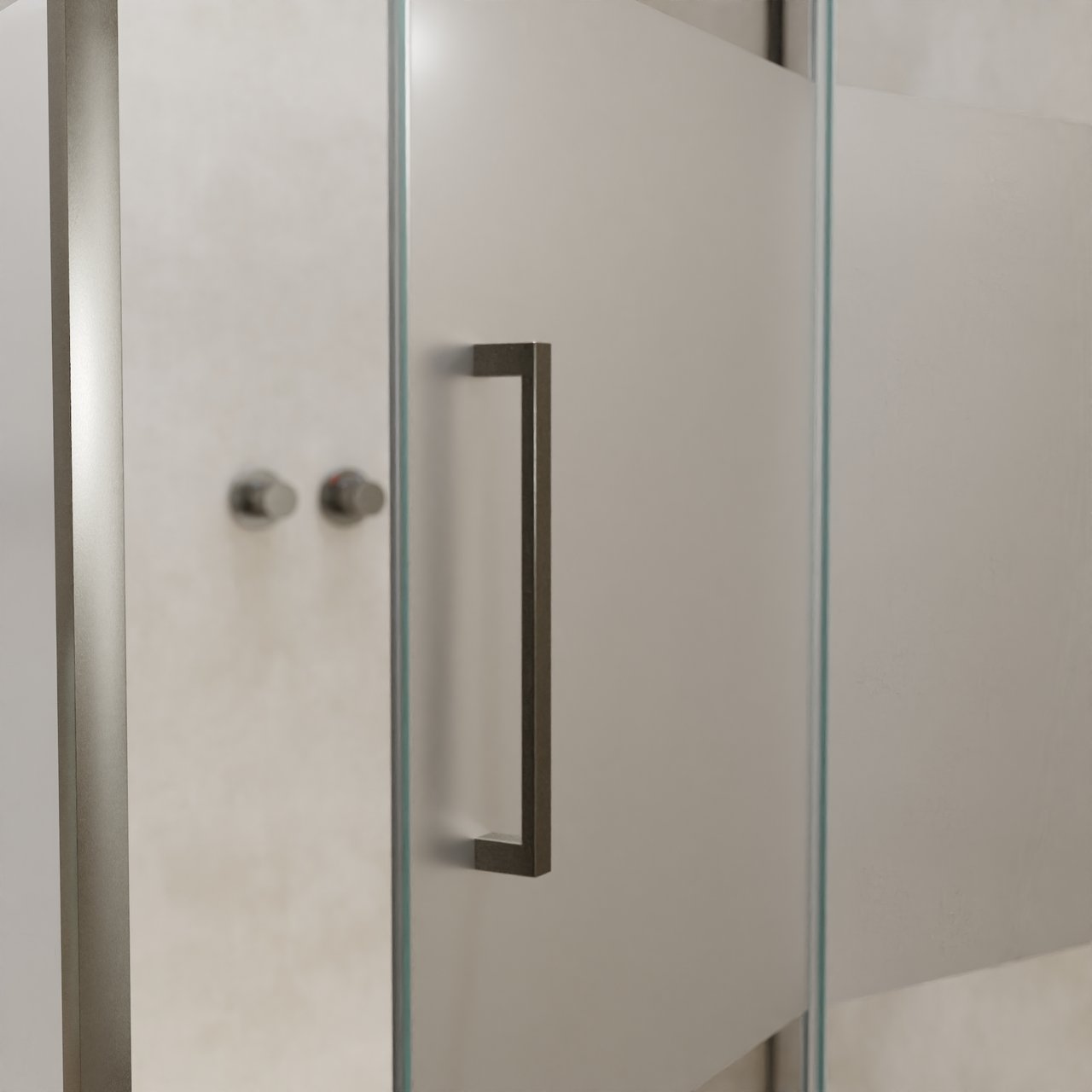 Balmani Senses Design Eckdusche: Drehtür (Rechts) mit fixierte Seitenwand, 120 x 80 cm, Klarglas mit mattiertem Streifen, Profil Brushed GunMetal