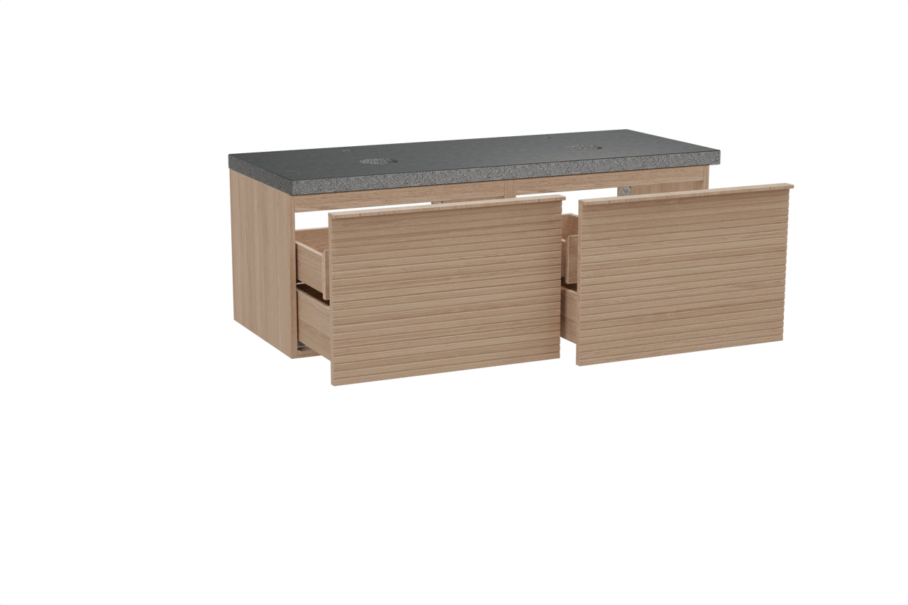 Balmani Forma meuble salle de bains suspendu 135 x 55 cm chêne naturel avec Rock tablette double en granit noir, Nervure gauche symétrique horizontale