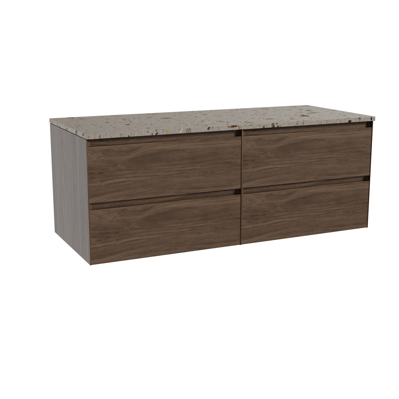 Balmani Mitra hängendes Möbelstück Set: 135 x 55 cm, Amerikanischer Nussbaum, mit Stretto Einzel- oder Doppel Waschtischplatte, Terrazzo in Greige