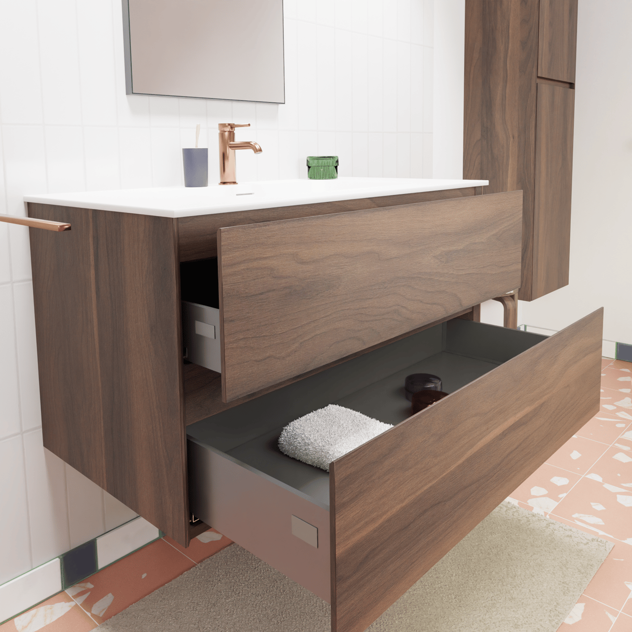 Storke Edge zwevend badmeubel 95 x 52 cm notenhout met Mata enkele wastafel in solid surface mat wit