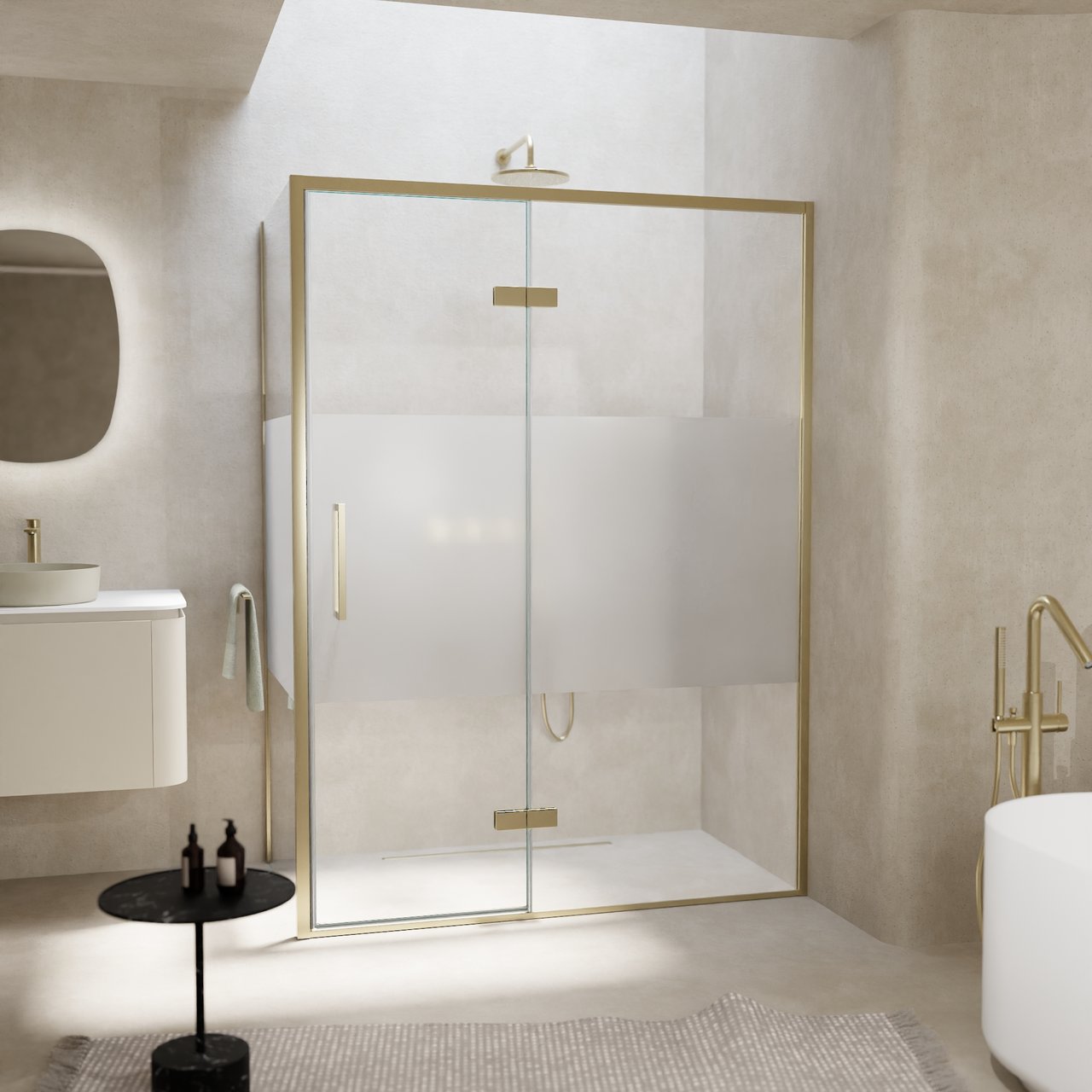 Balmani Senses Design Eckdusche: Drehtür (Rechts) mit fixierte Seitenwand, 140 x 80 cm, Klarglas mit mattiertem Streifen, Profil Brushed Champagner Gold, inklusive Coating