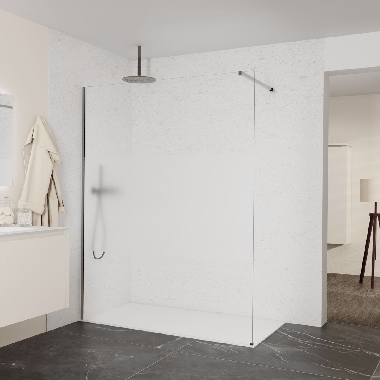 Balmani Modular inloopdouche: 160 x 200 cm, Helder glas met matte strook, Brushed GunMetal profielen