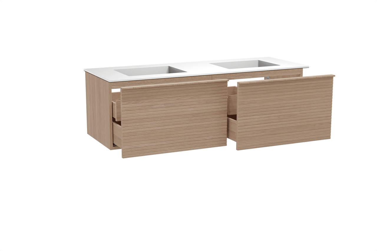 Balmani Forma zwevend badkamermeubel 150 x 55 cm natuur eik met Tablo Stretto dubbele wastafel in solid surface mat wit, Horizontale symmetrische rechte ribbel