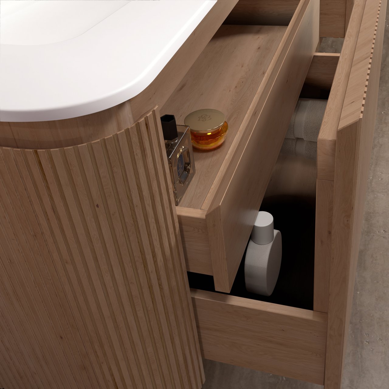 Balmani Moon zwevend badmeubel 130 x 55 cm naturel eiken met Moon enkel of dubbel wastafelblad in solid surface mat wit, Verticale symmetrische rechte ribbel