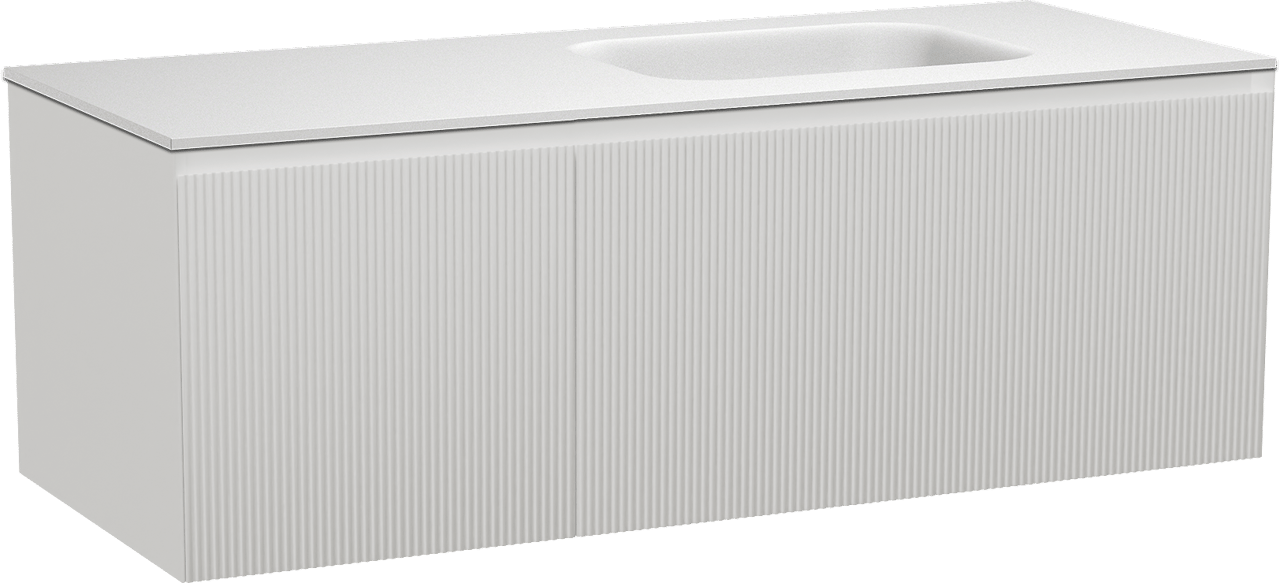Balmani Fila hängendes Möbelstück Set: 135 x 55 cm, Weiß matt, mit Tablo Arcato Waschtisch rechts, Solid Surface, Weiß matt, Vertikale symmetrische gerade Rippe